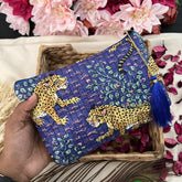 Vriksham Cotton Pouch, Purse for Women with Zipper-Blue-Cheetah-G19050